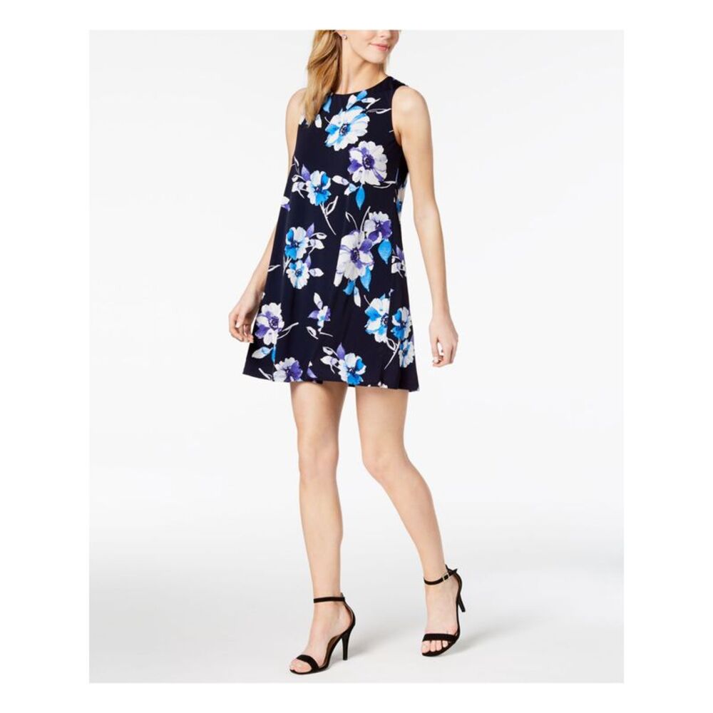 JESSICA HOWARD Womens Navy Sleeveless Jewel Neck Mini Trapeze Dress Petites 6P